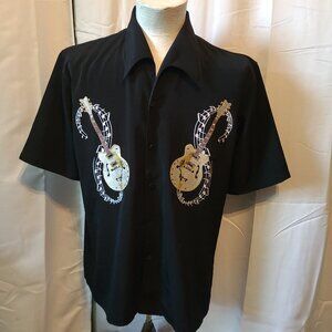 Mens Vintage Dragonfly S/S button front shirt - L - Embroidered guitars